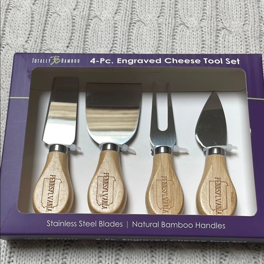New Totally Bamboo 4 pc Engraved Cheese Tool Set Stainless blades Bamboo handles